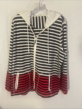 Talbots Black and White Striped Zip Hoodie with Red Logo